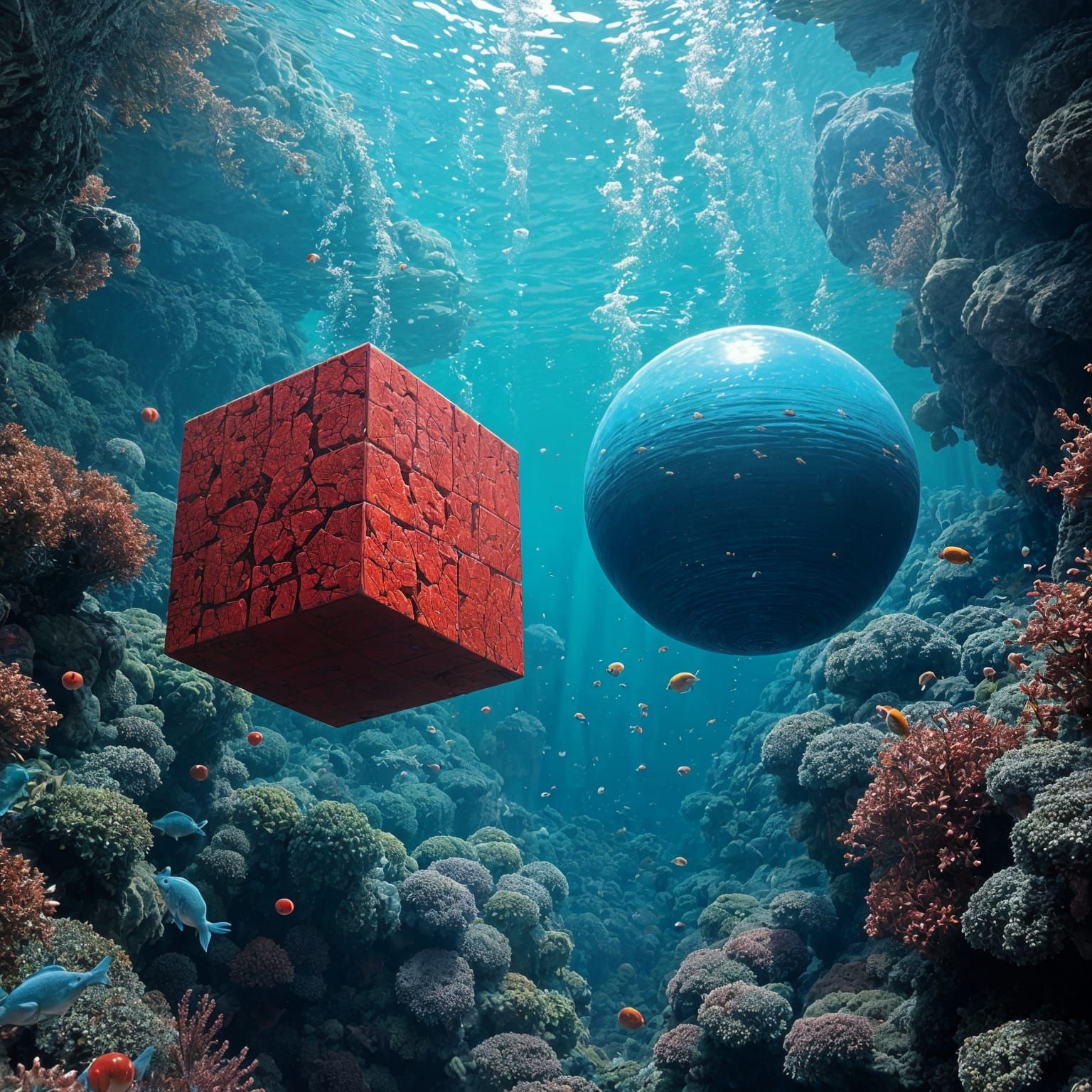 Hyperrealistic Cubes and Spheres Floating Underwater