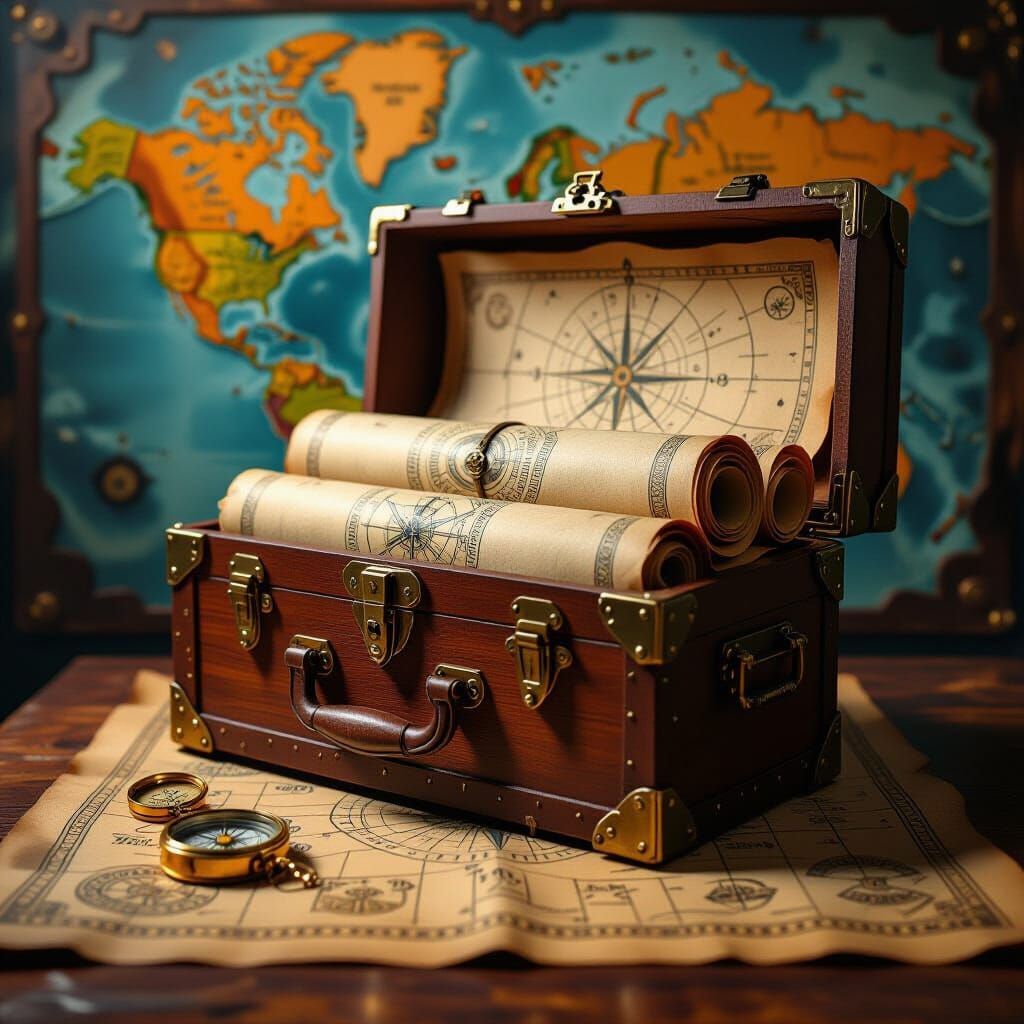 Treasure Chest on Antique Map, Digital Art