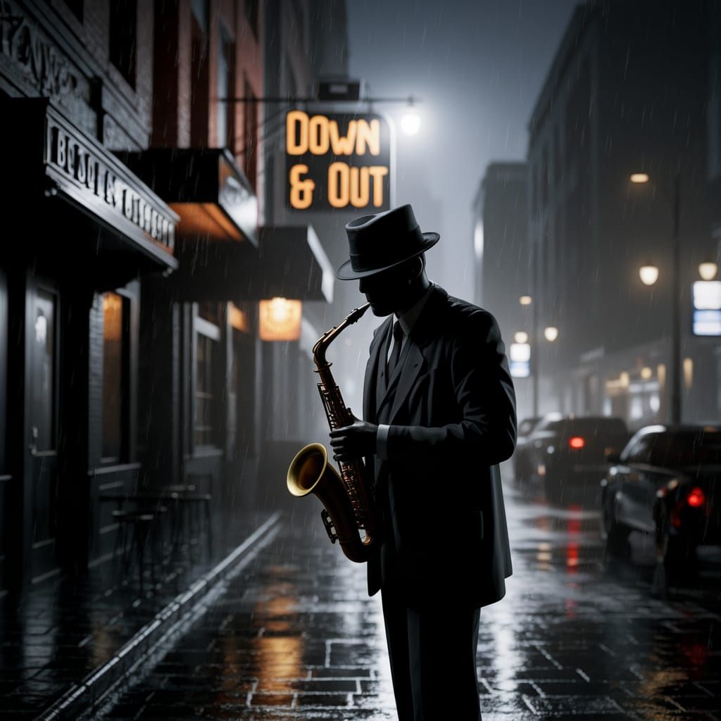 Film Noir Saxophonist in a Rainy Jazz Club