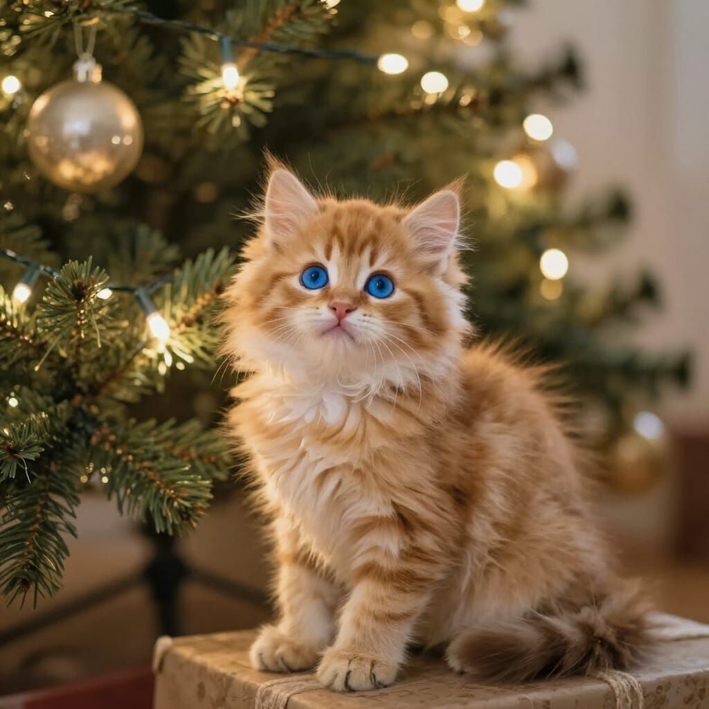 Adorable Ginger Kitten by Twinkling Christmas Tree