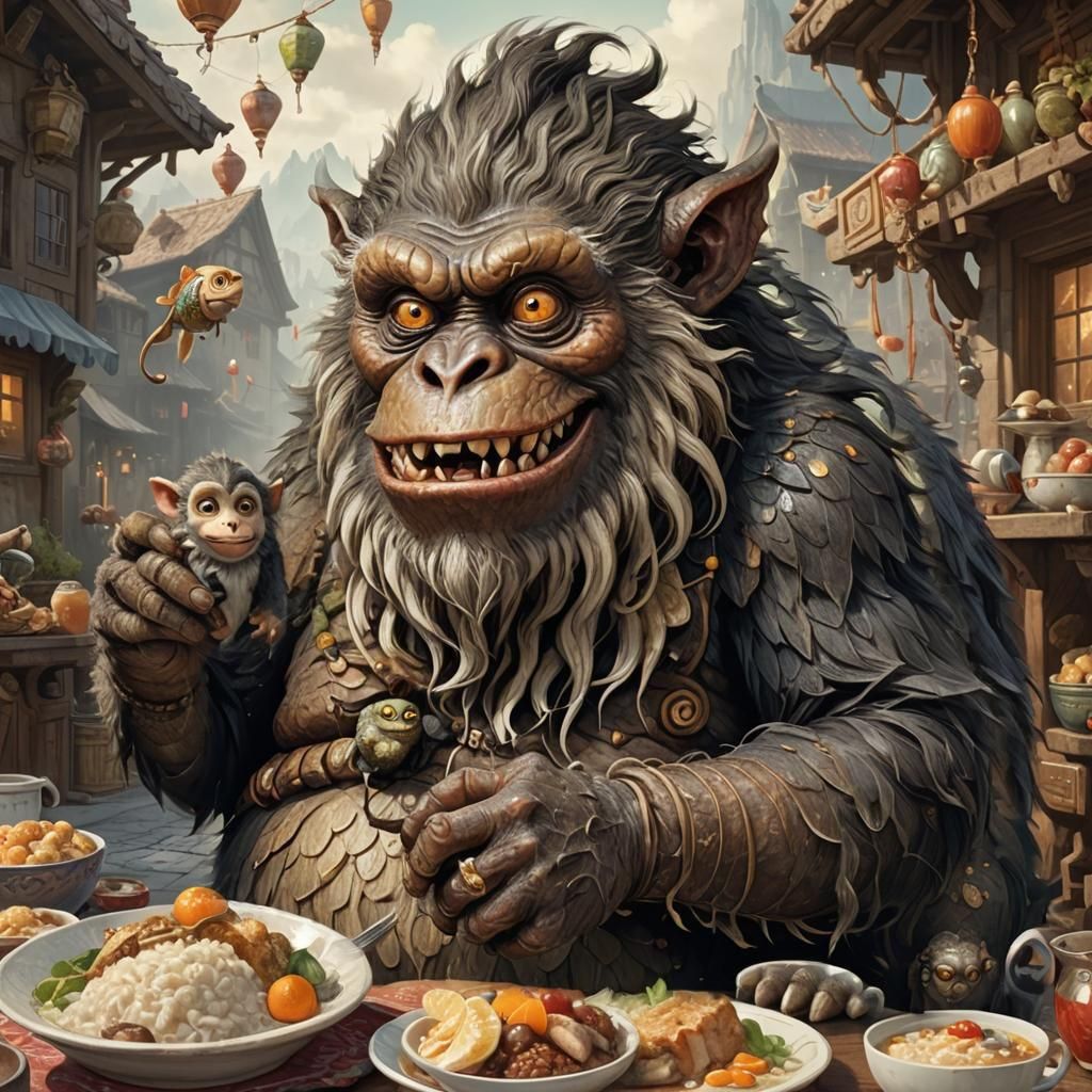 Hairy Brown Monkey Monster Holding Fish, Detailed Painting