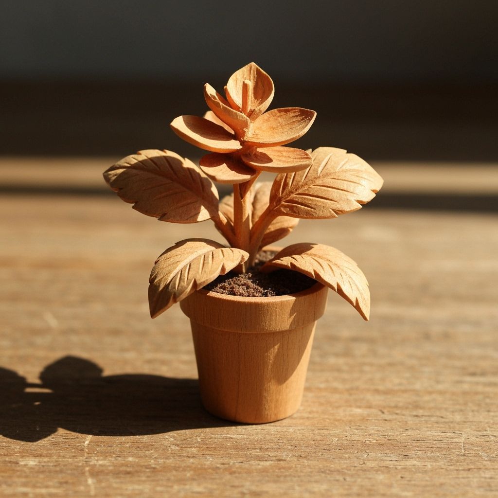 Hand-Carved Wooden Potted Flower Sculpture