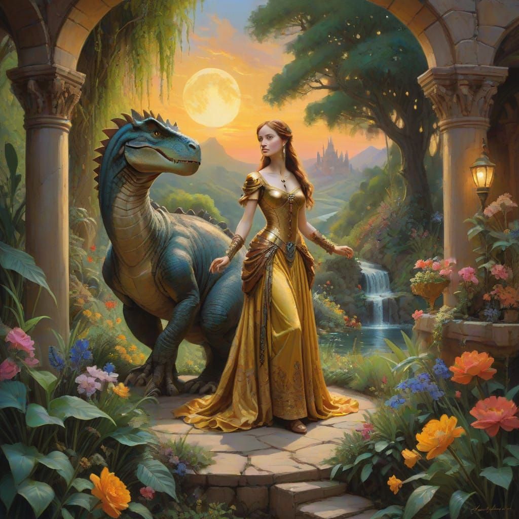 Elegant Maiden and Gentle Beast in Whimsical Garden Scene
