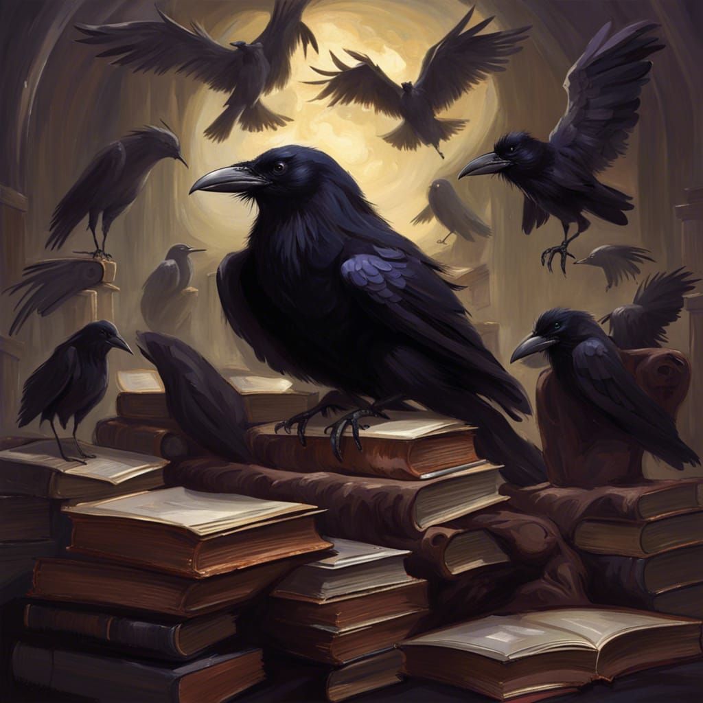 Dark Academic Witch with Ravens and Books