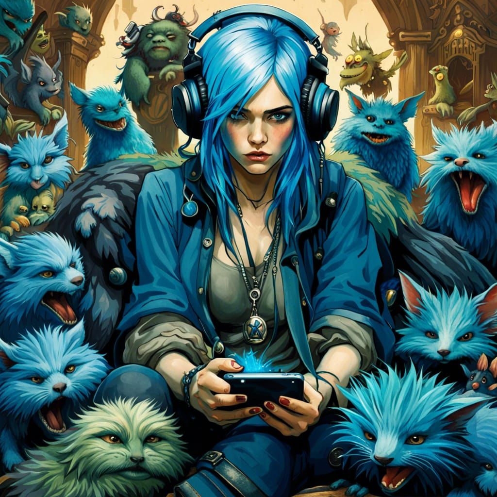 Blue-Haired Girl with Monsters in Fantasycore Art