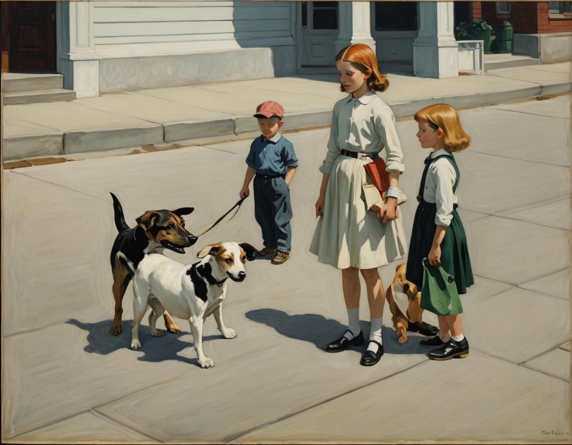 Dogs and Children in Hopper-esque Realism
