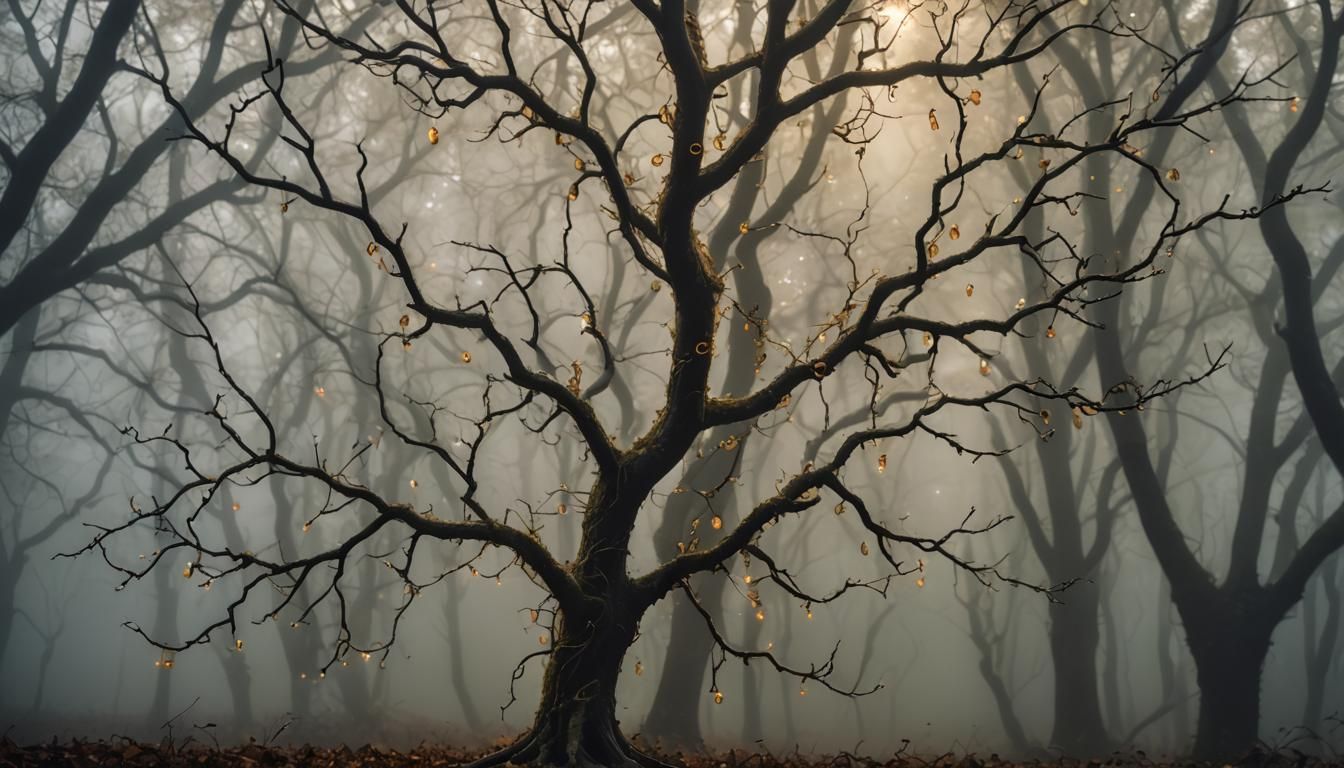 Musical Tree in Misty Forest: Hyper-Realistic Photography