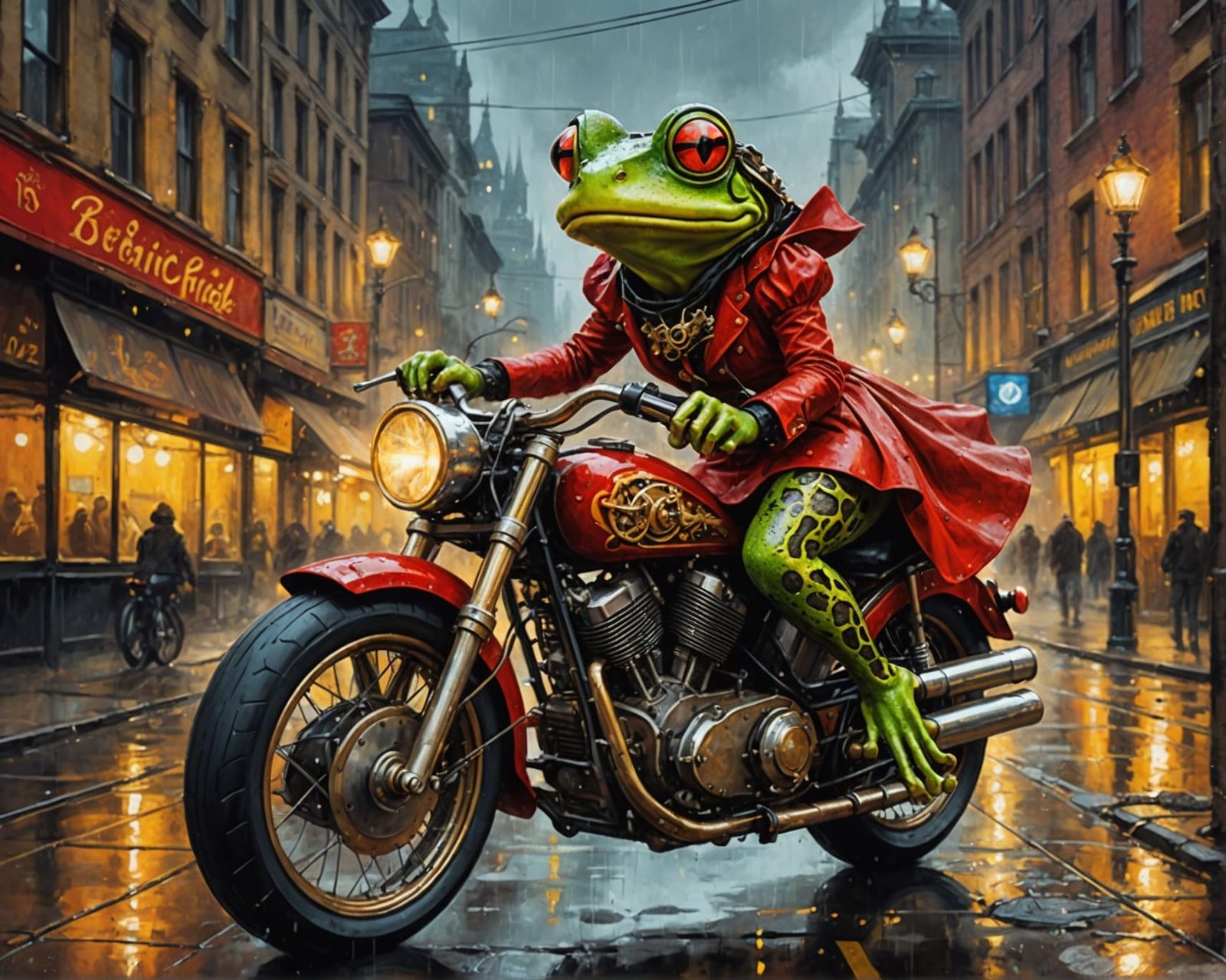 Steampunk Frog Rides Motorcycle in Oil Painting Style