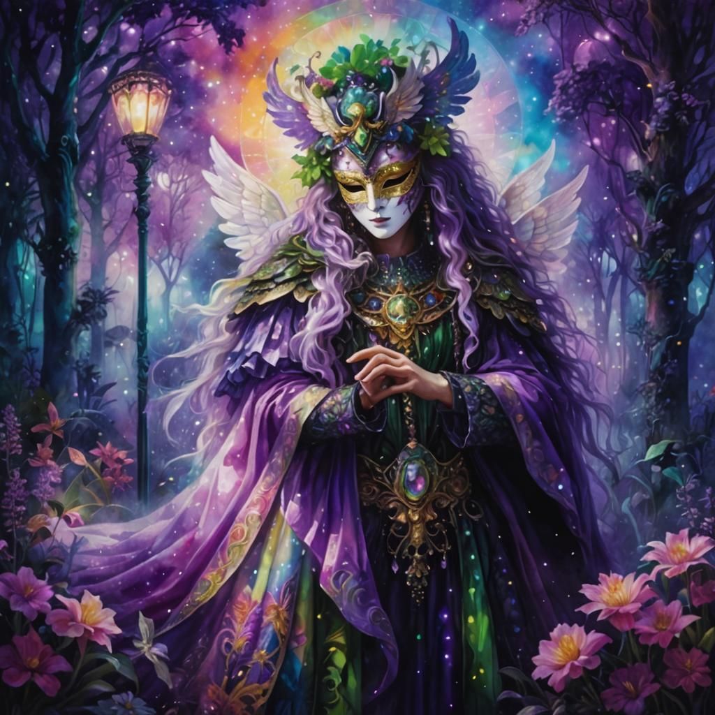 Mystical Masked Animal in Bioluminescent Garden, Watercolor ...