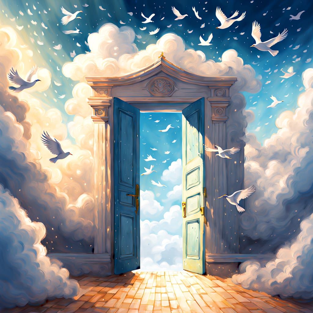 Ethereal Cloud Doorway in Whimsical Watercolor Style