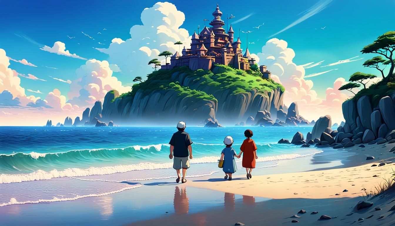 Couple Walking on Beach in Studio Ghibli Style