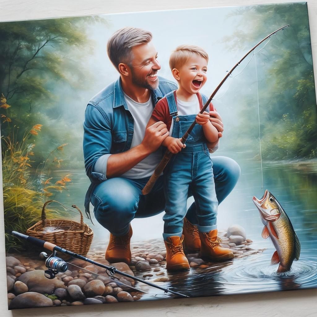 Heartwarming Father and Son Fishing Painting