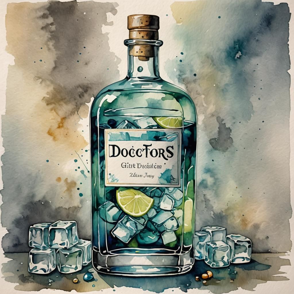 Gin Bottle with Doctors Label in Watercolor Style