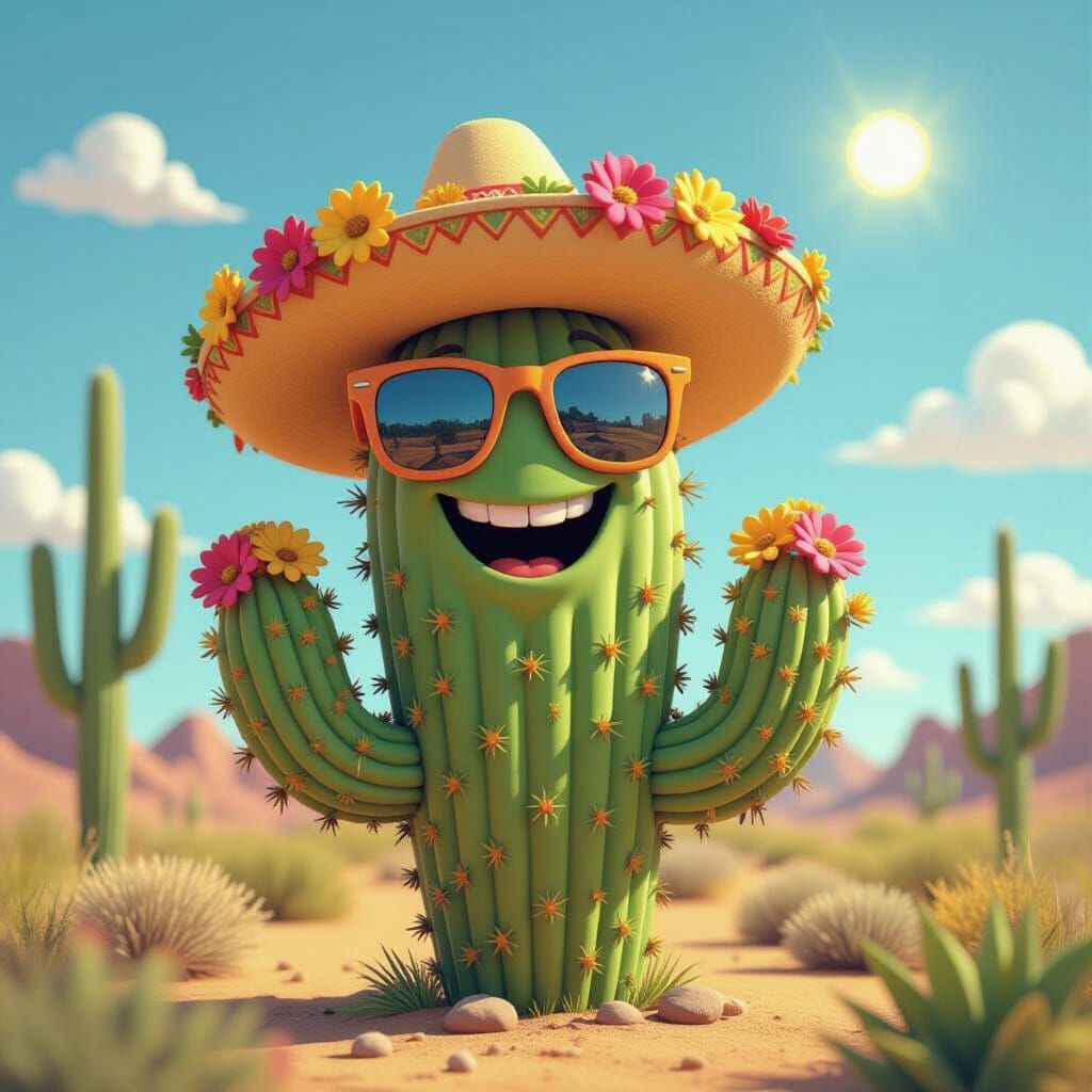 Smiling Cactus with Sunglasses and Flowers in Desert