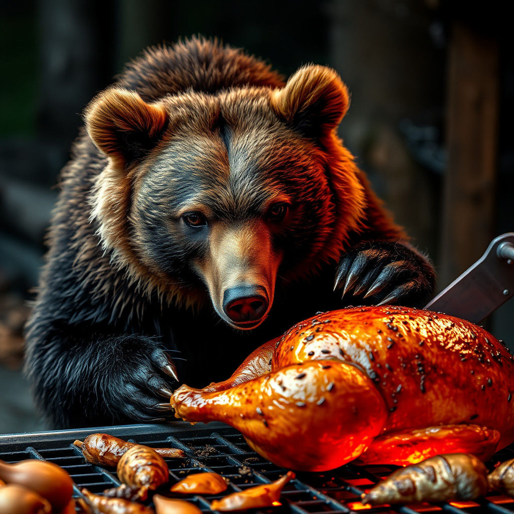 Bear Stealing Thanksgiving Turkey: Hyperrealistic HDR Image