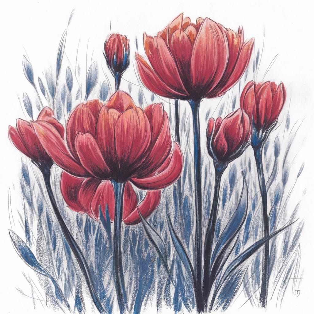 Abstract Marsh: Crimson Floral Sketch in Cobalt