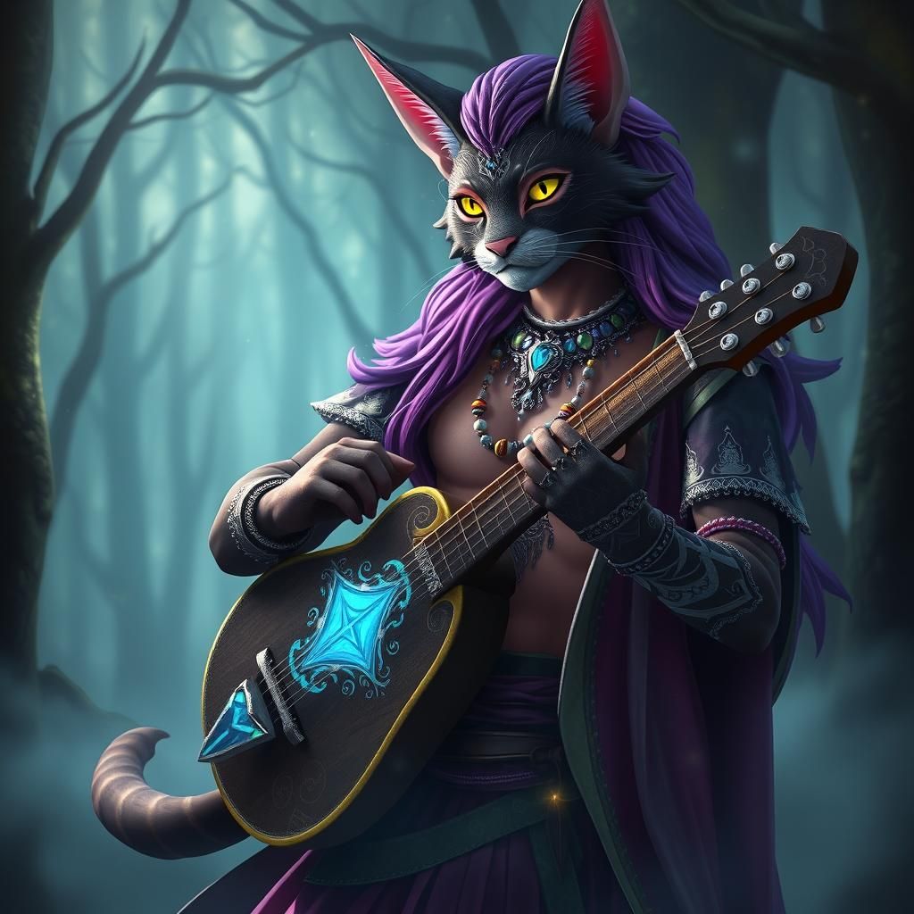 Tabaxi Bard in Mystical Forest, Digital Art