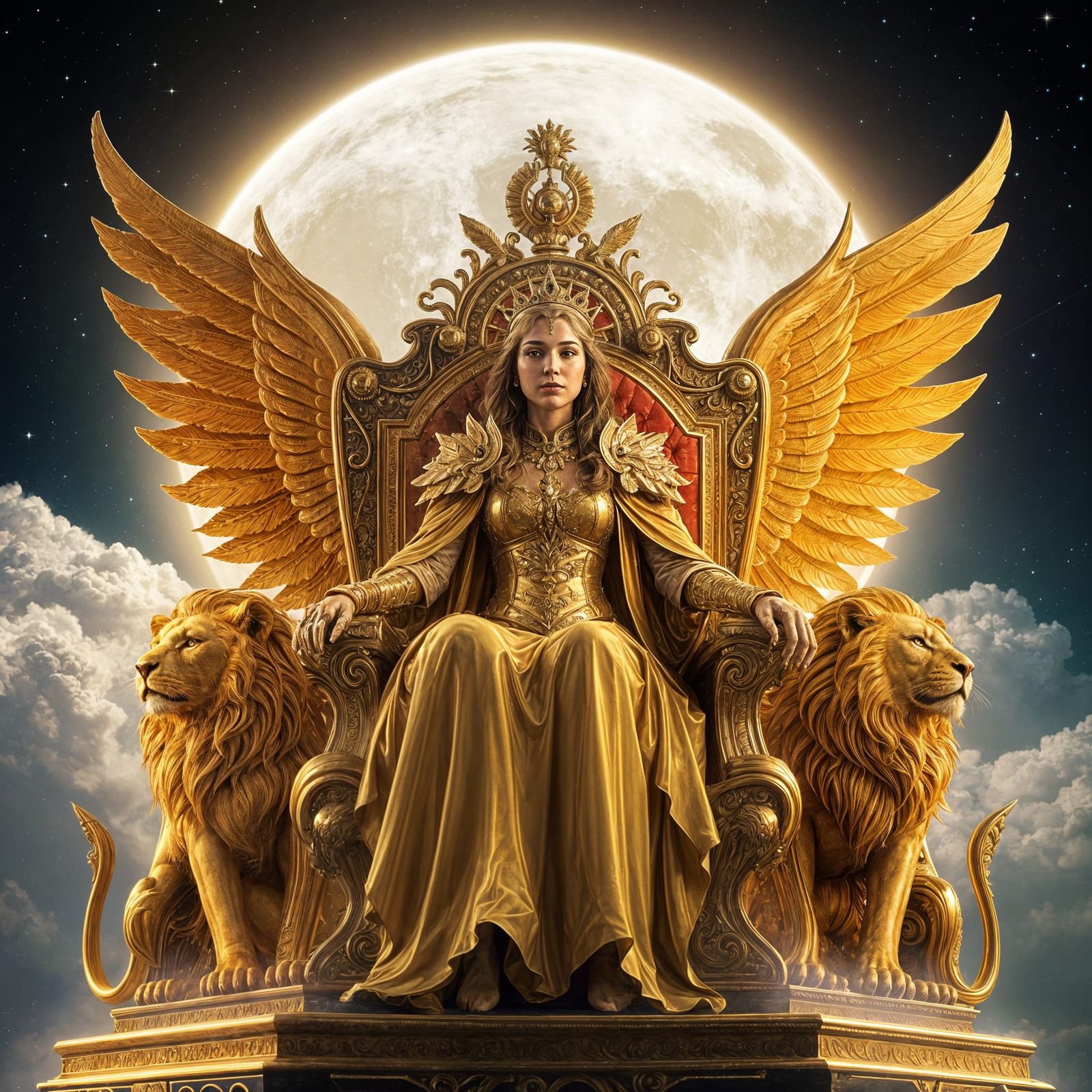 Ethereal Fantasy Queen Rides Golden Throne Under Giant Full...