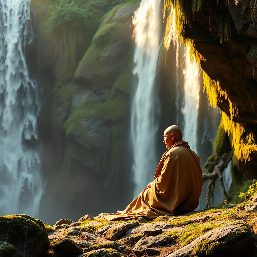 Serene Ascetic by Waterfall in Naturalistic Style
