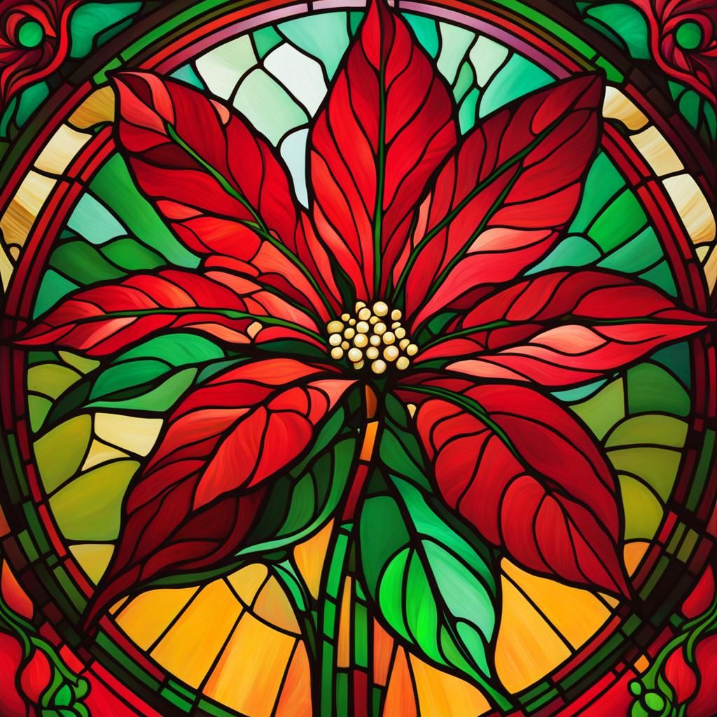 Stained Glass Poinsettia in Art Nouveau Rococo Style