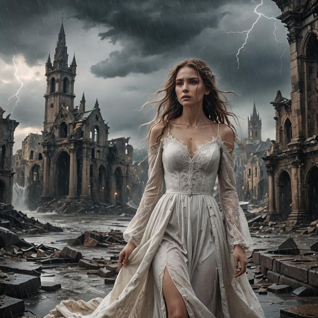 Woman in Ruins During Storm, Dark Gothic Romance