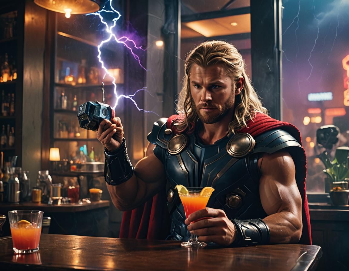 Thor Relaxes with Cocktail in a Thunderstorm