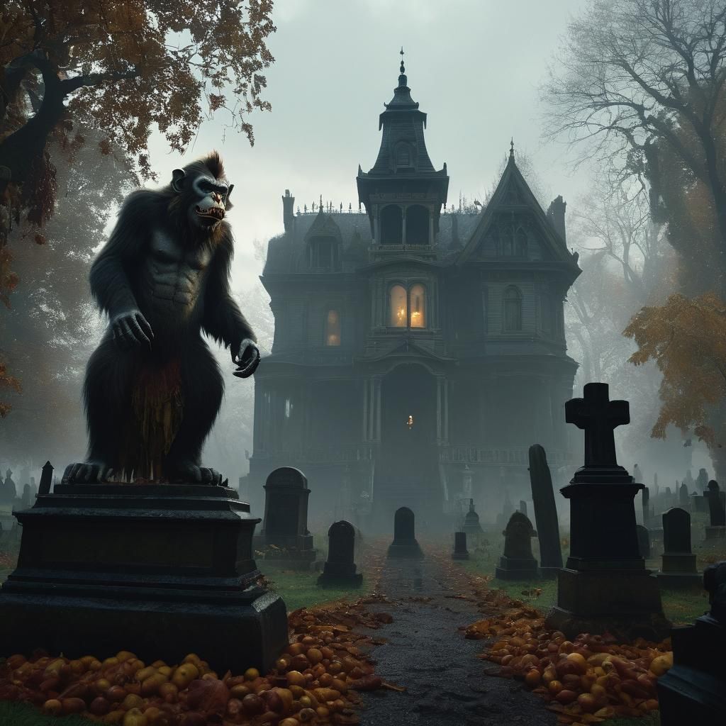Zombie Monkey Clown Emerges in Gothic Horror Landscape