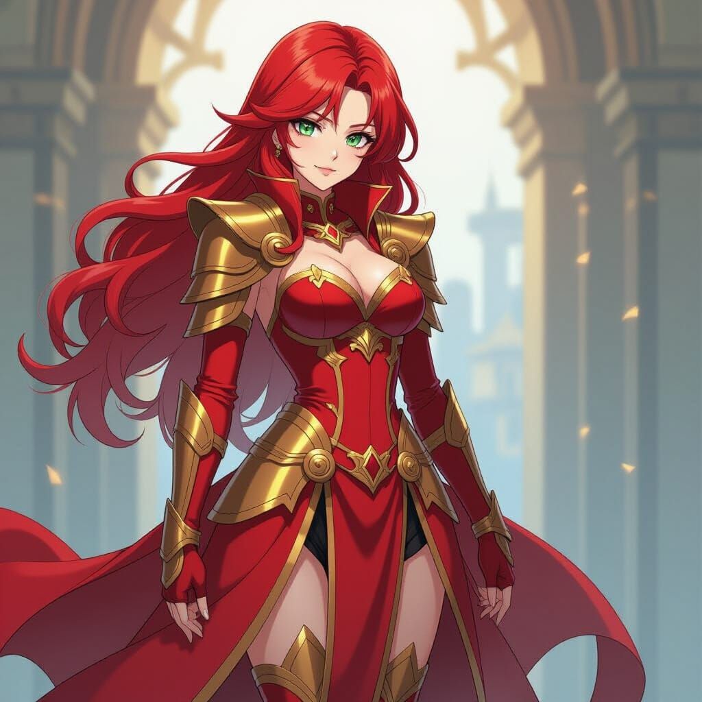 Laena Velaryon in Red and Gold Anime Style