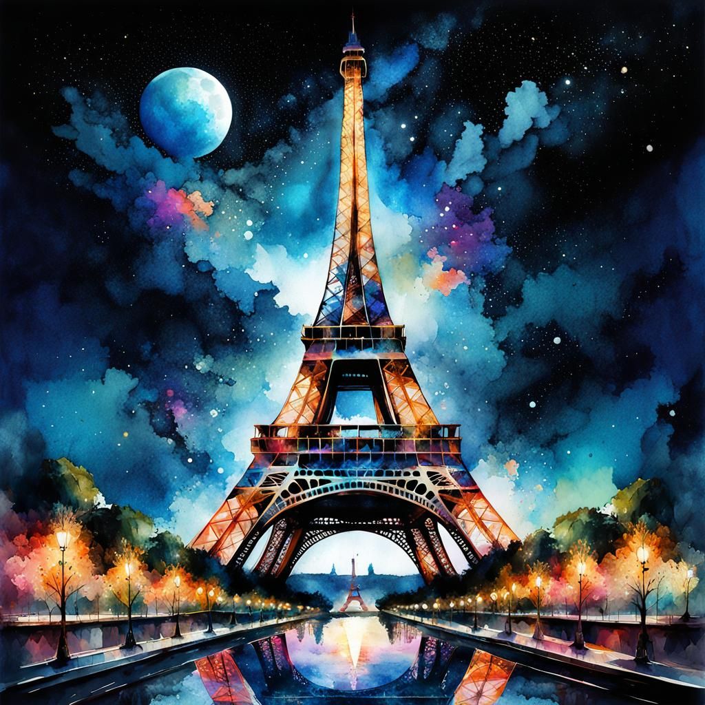 Eiffel Tower Summerscape: A Digital Watercolor Fairytale