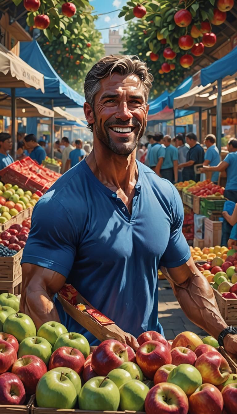 Hyperrealistic Art of Smiling Man Selling Apples