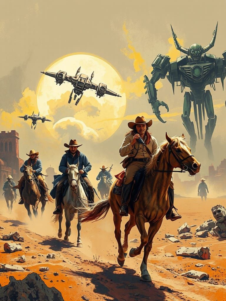 Cowboys Battle Aliens in Dynamic Abstract Western Scene
