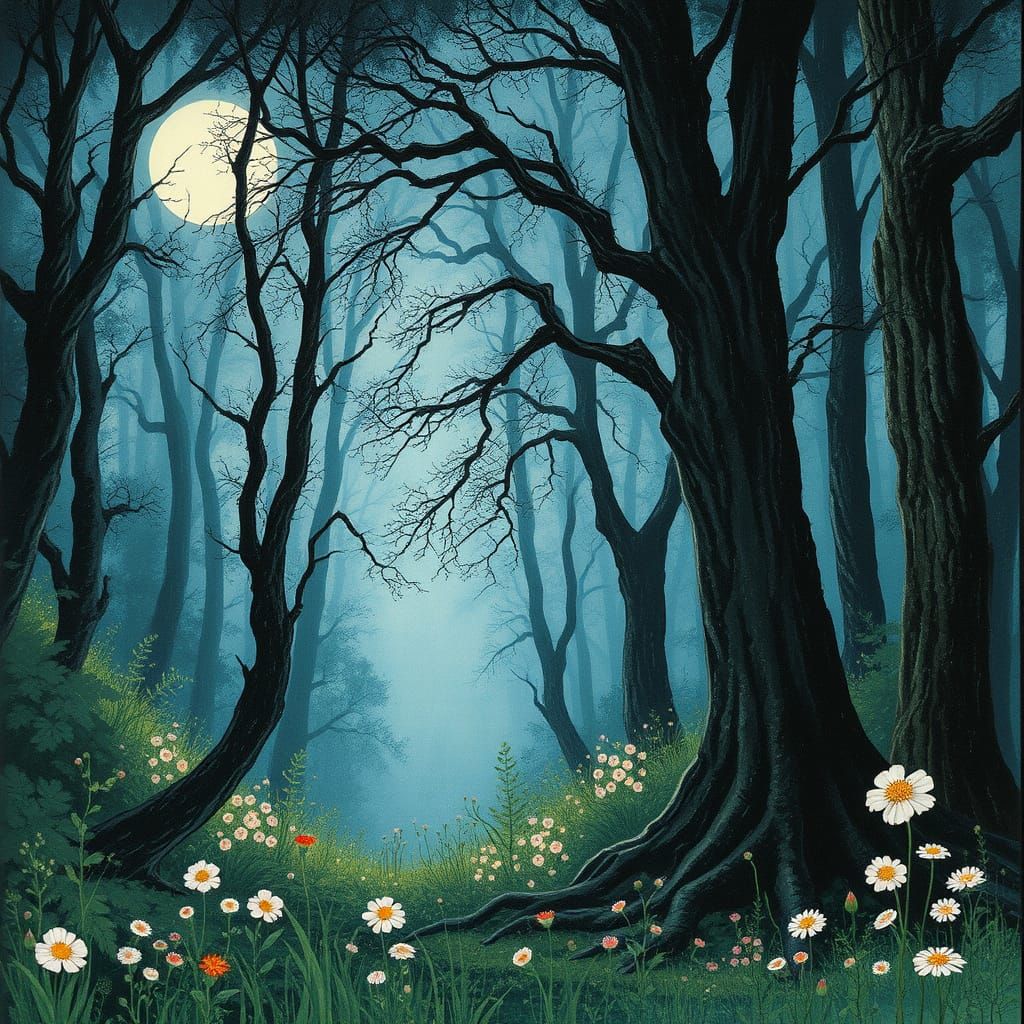 Moonlit Forest Glade in Ethereal Art Nouveau Style