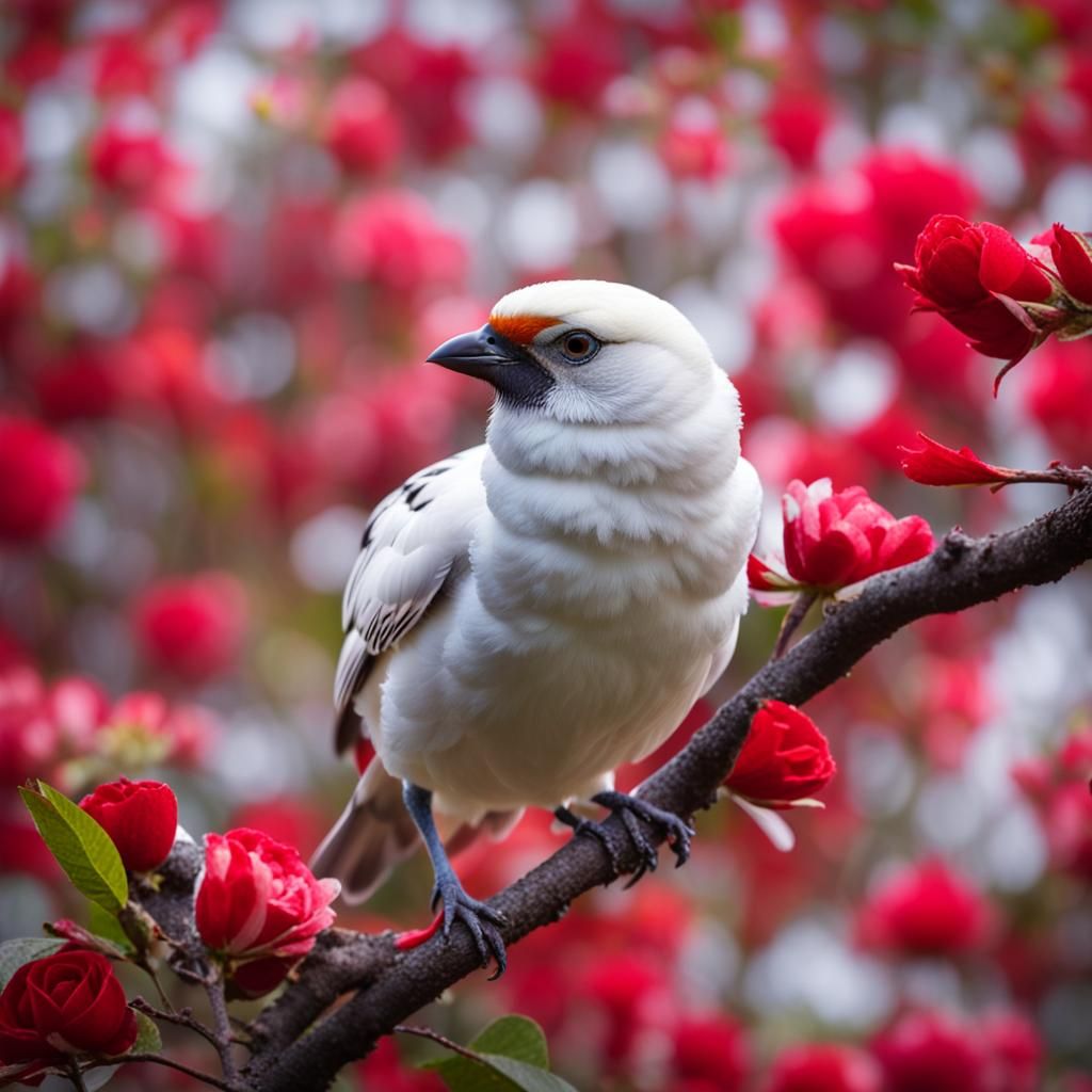 White Bird on Red Rose Bush: Professional Photography