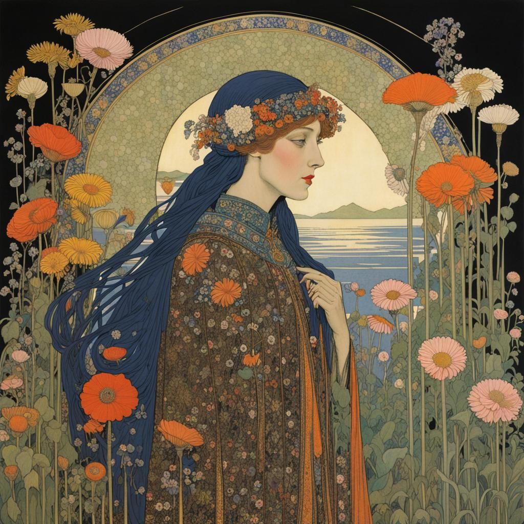 Lady of the Blooming Gardens in Whimsical Art Nouveau Style