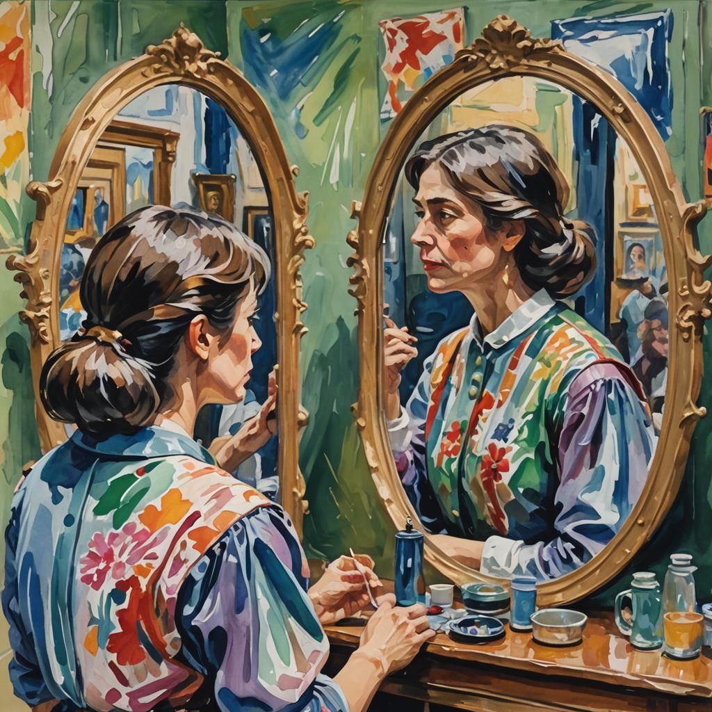 Egocentric Reflection: Gouache Style Maximalist Painting