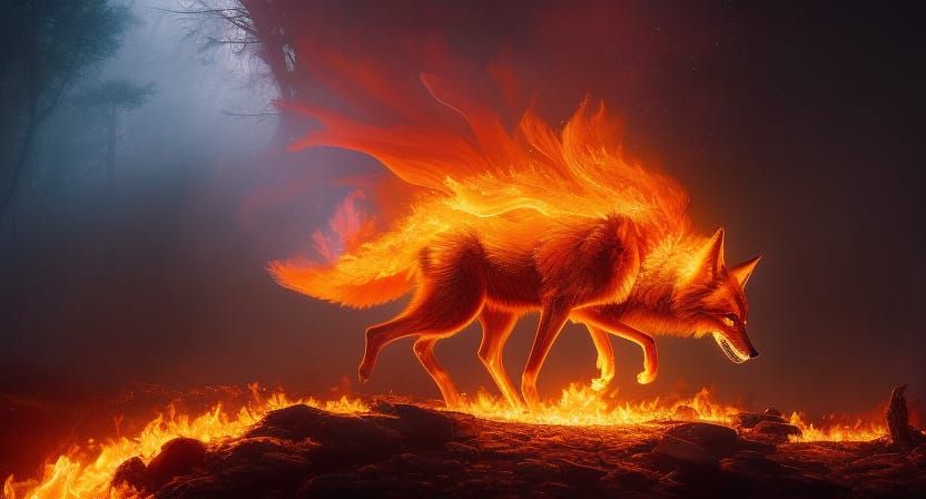 Fiery Wolf Stalking the Night in 3D Digital Art