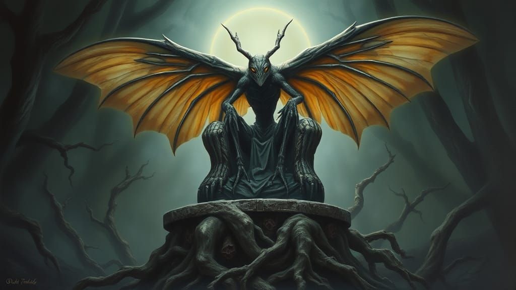 Majestic Mothman on Ancient Throne, Oil Painting