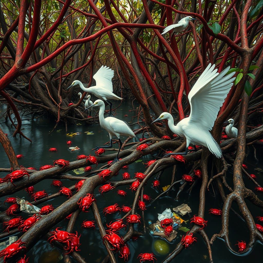 Surreal Mangrove Ecosystem in Vibrant Red
