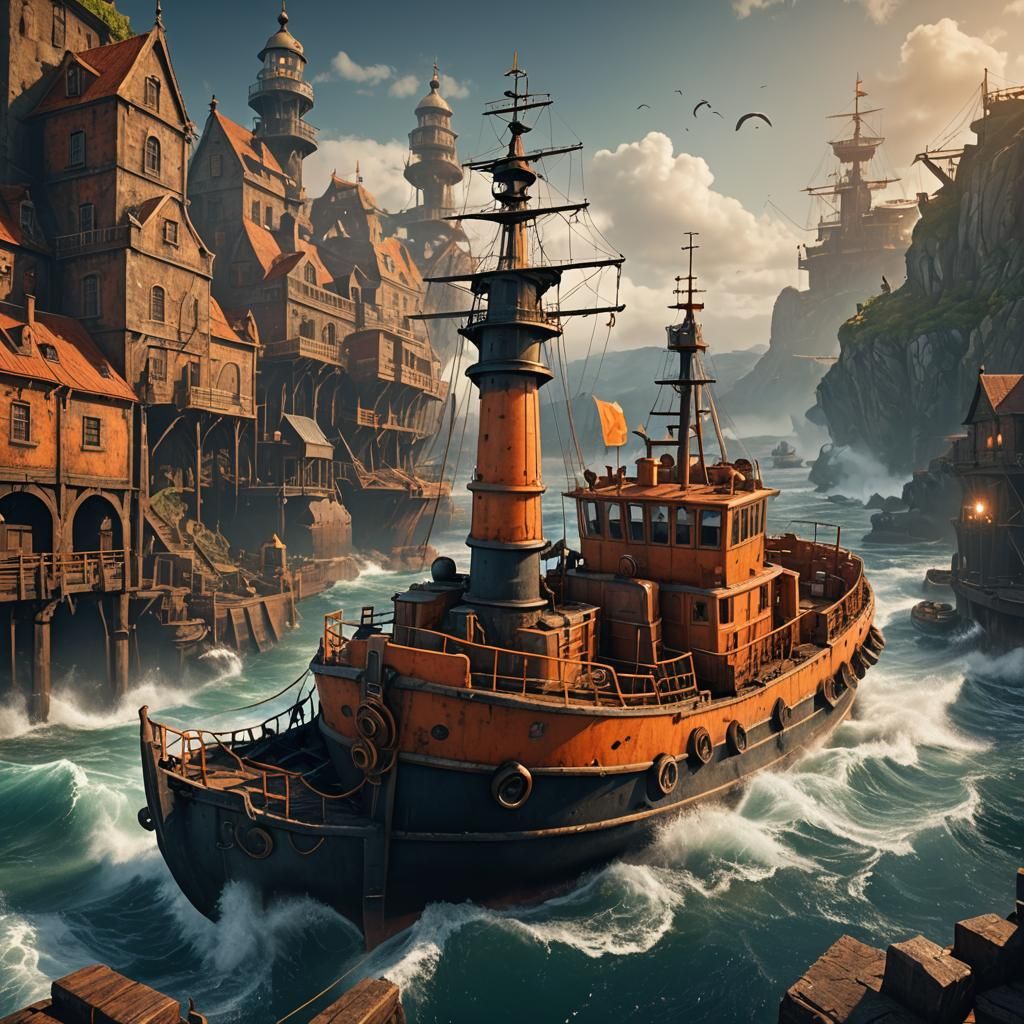 Orange Harbor Tug in Detailed Matte Painting