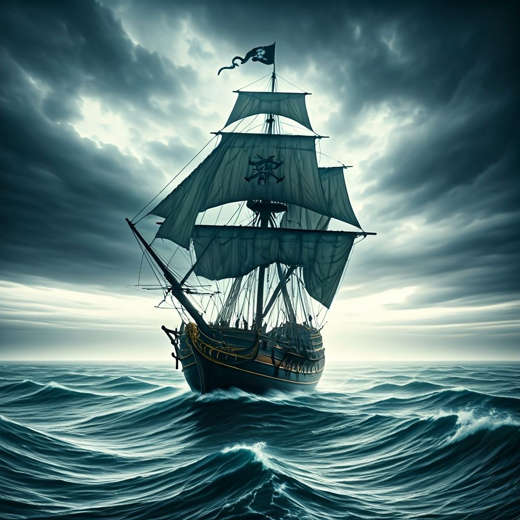 Pirate Ship Sailing a Stormy Sea