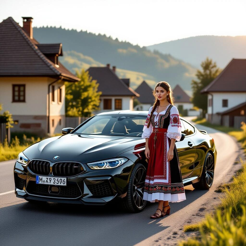 BMW M8 and Woman in Folk Attire in Romanian Village