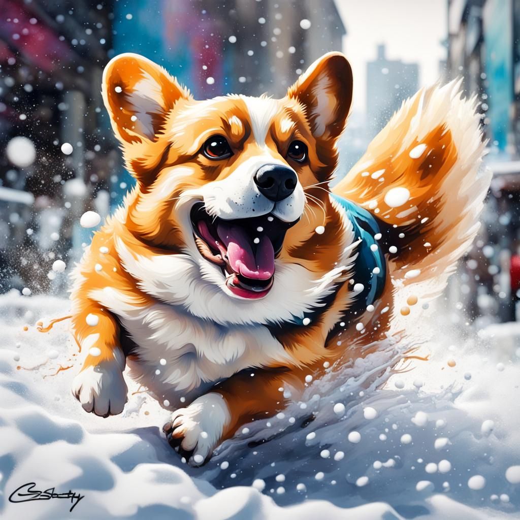 Happy Corgi in Snow: Graffiti Art Style