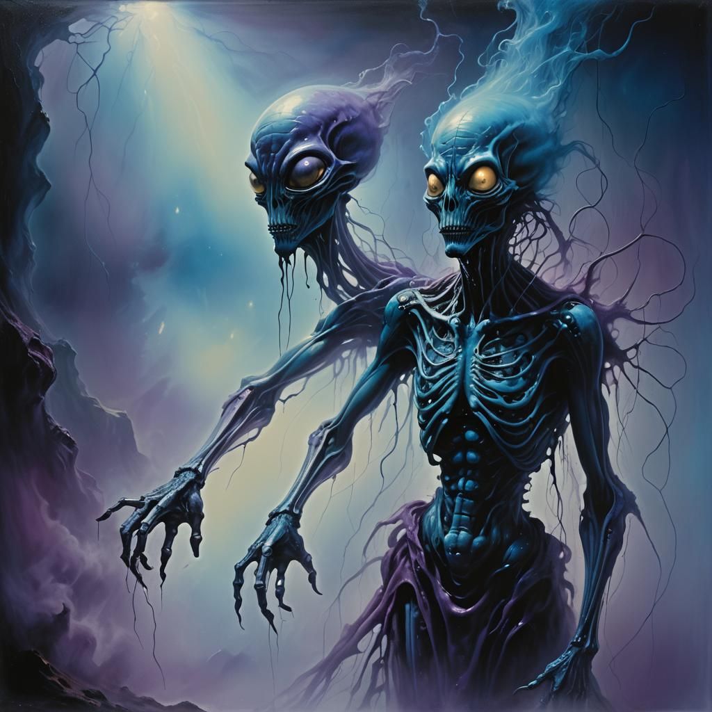 Eerie Alien in Fog: Surrealist Bioluminescent Art