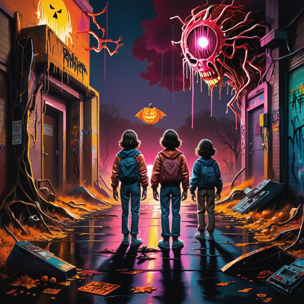 Stranger Things Halloween Shenanigans in Graffiti Art Style