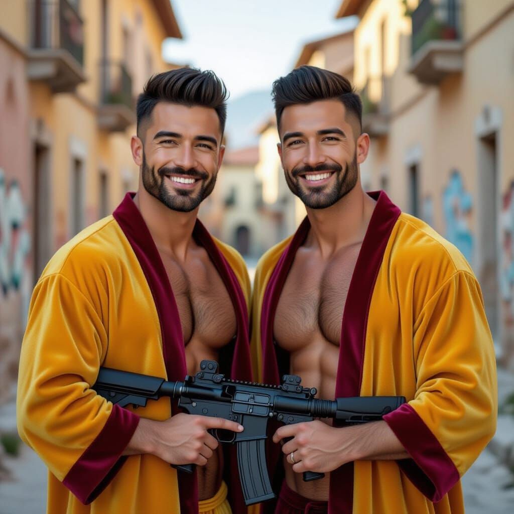 Two Joyful Men With Machine Guns in Ruined Town