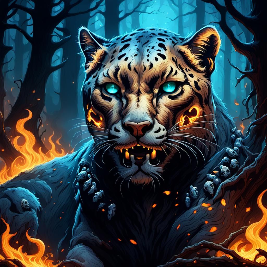 Flaming Puma with Skulls in Mystical Forest