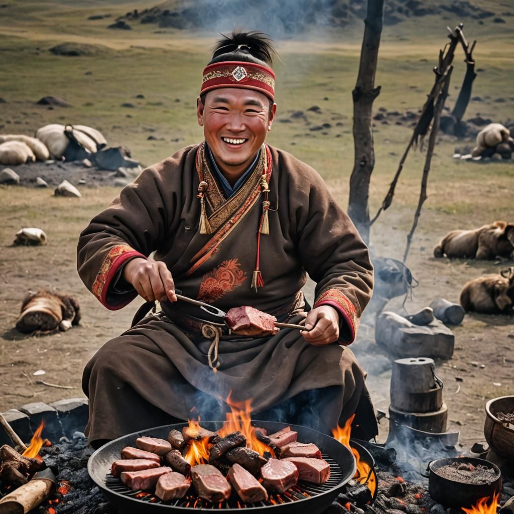 Mongolian Nomad Roasting Meat Over Fire