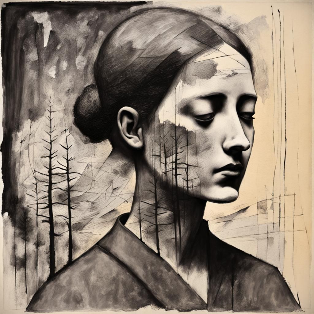 Girl in Secret Garden: Abstract Expressionist Mixed Media