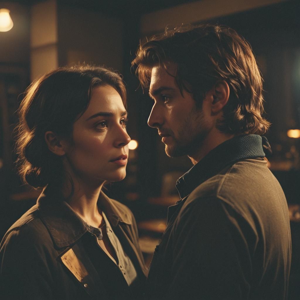 Nostalgic Couple in Dimly Lit Room: Cinematic Film Still