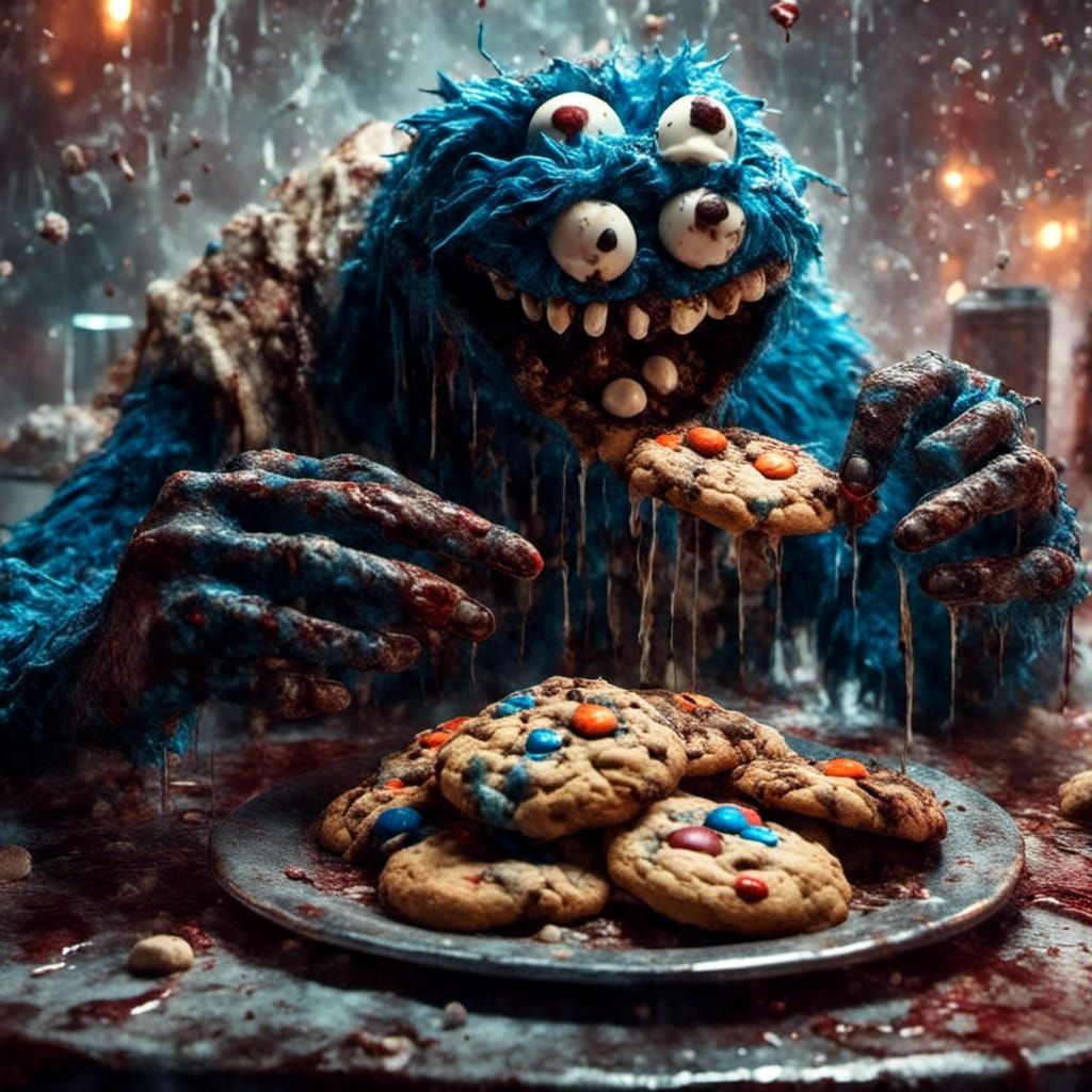 Cursed Cookie Monster Eating Cookies, Hyperrealistic Art